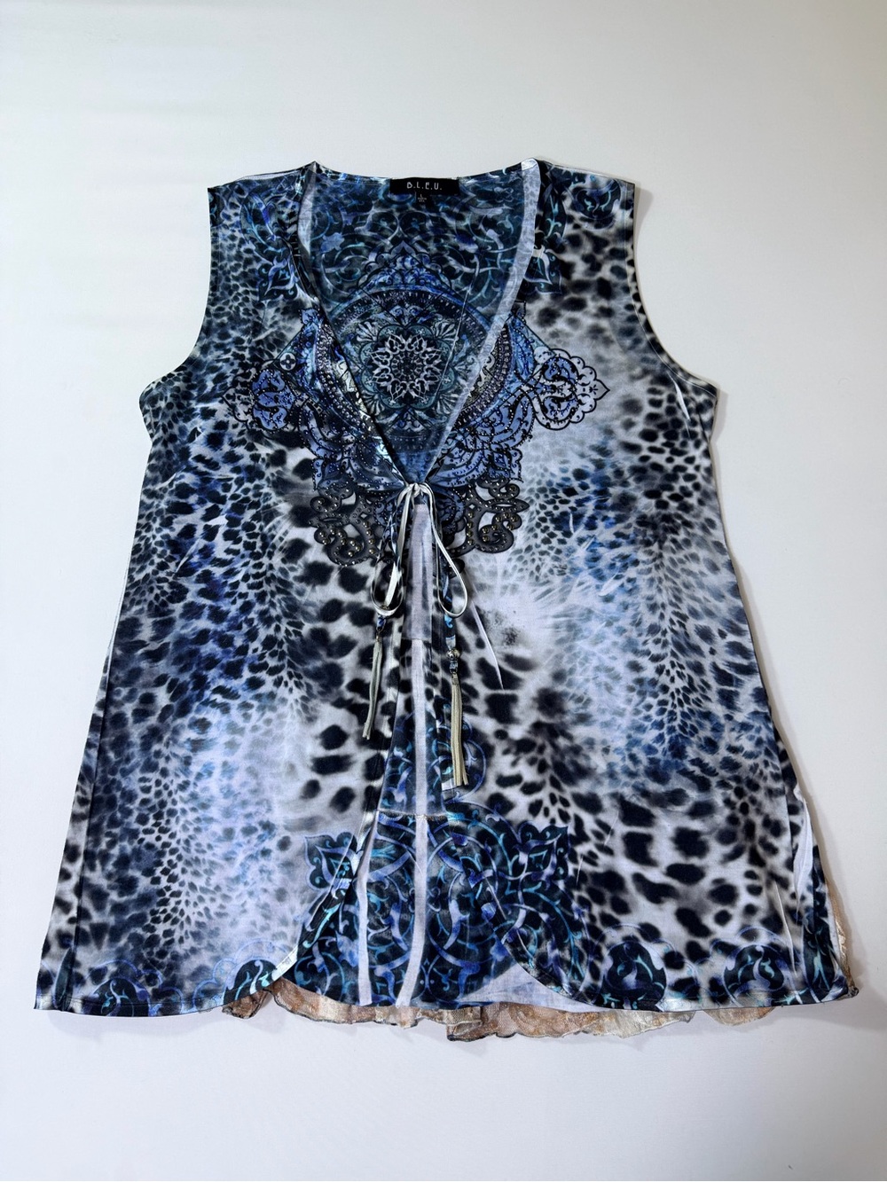 B.L.E.U. Blue & Black Medallion Animal Print Tie-Front Tank Vest Kimono Sz Large